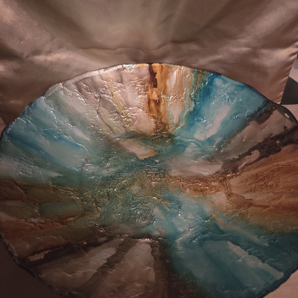 Stunning Large Multicolored Art Glass Bowl Blue, Brown,& White Swirl Centerpiece - Picture 3 of 15